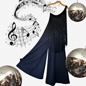Vintage 70s Black Bell Bottom Wide Leg Retro Jumpsuit Disco Sexy